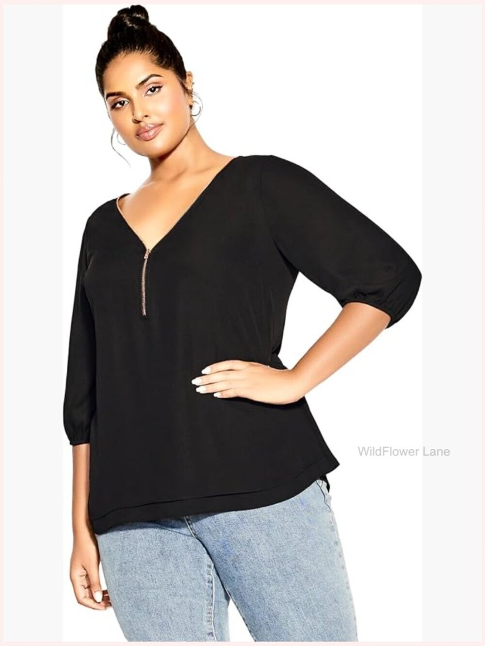 Plus Size V-Neck Blouse, 3/4 Sleeve Relaxed Fit Tunic